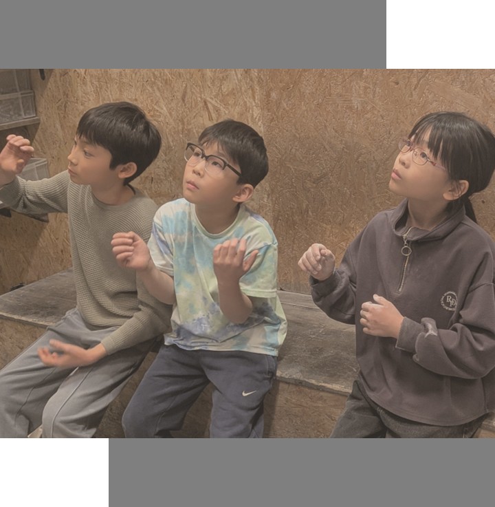 並んで座り、真剣な表情で上のウォールを見上げる3人の子供たち
